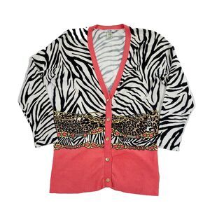 Cache Y2K Animal Print Equestrian Knit Cardigan‎ M Pink Mob Wife Barbie core